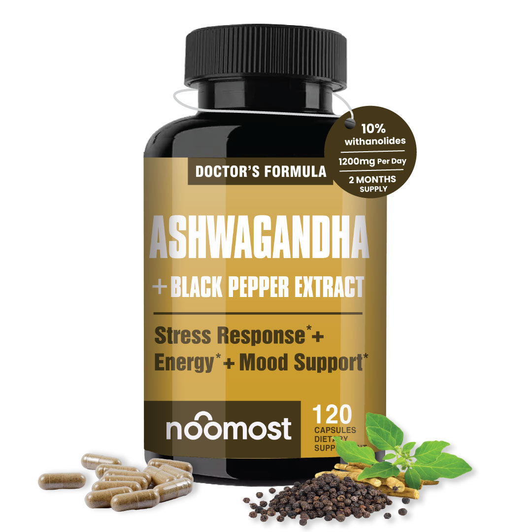 NooMost Ashwagandha 1200mg Supplement | 10% Withanolides with Black Pepper Extract | Pure Root Extract for Stress Relief, Promotes Energy, Mood, Helathy Sleep for Men & Women | 120 Capsules